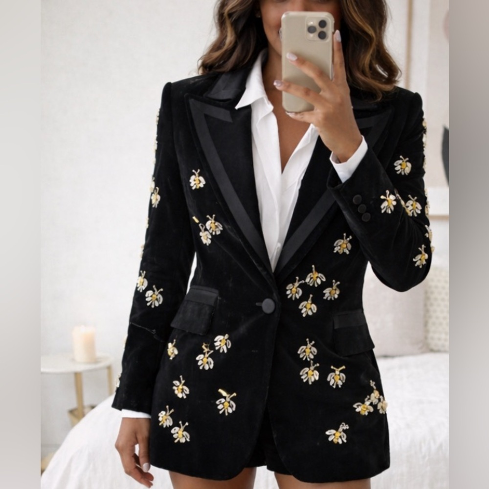 NEW $285 Bees Knees Embroidered Black Women's Blazer bee embroidered blazer